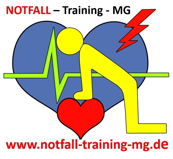 Logo Notfall Training MG - blaues Herz, grüner Herzschlag, gelbes Männchen, welches auf ein rotes Herz drückt oben rechts ein roter Blitz