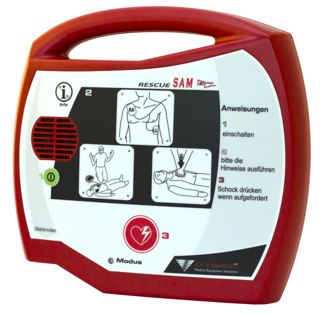 Der Rescue SAM AED ist ein roter Defibrilllator