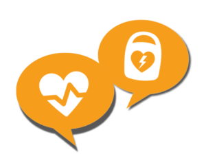 Sprechblasen mit Herzicon und Defibrillatoricon