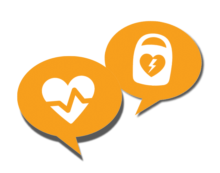 Sprechblasen mit Herzicon und Defibrillatoricon
